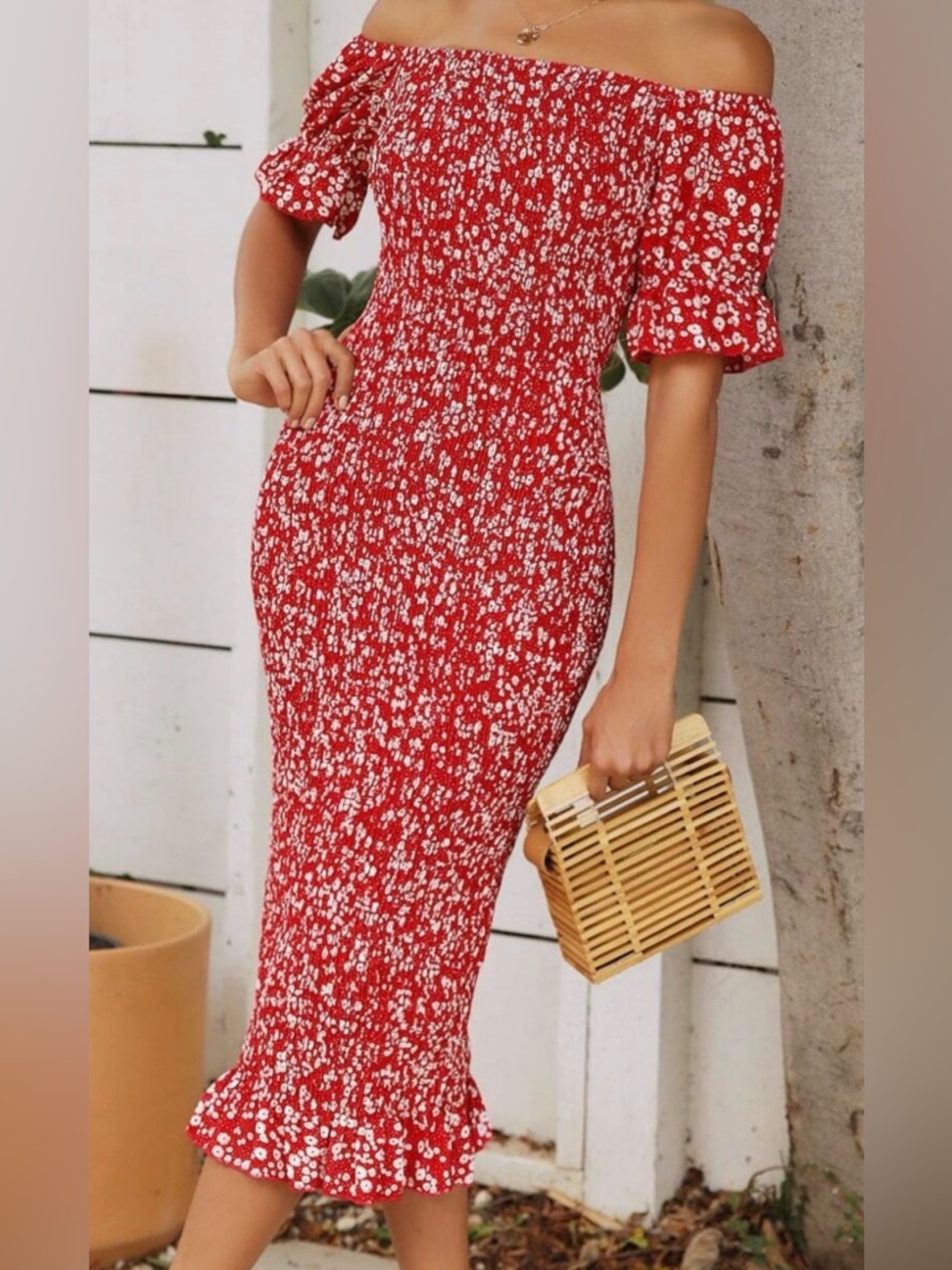Red Ditsy Floral Puff Sleeve Ruffle Hem Bodycon Dress - NWOT - M/L